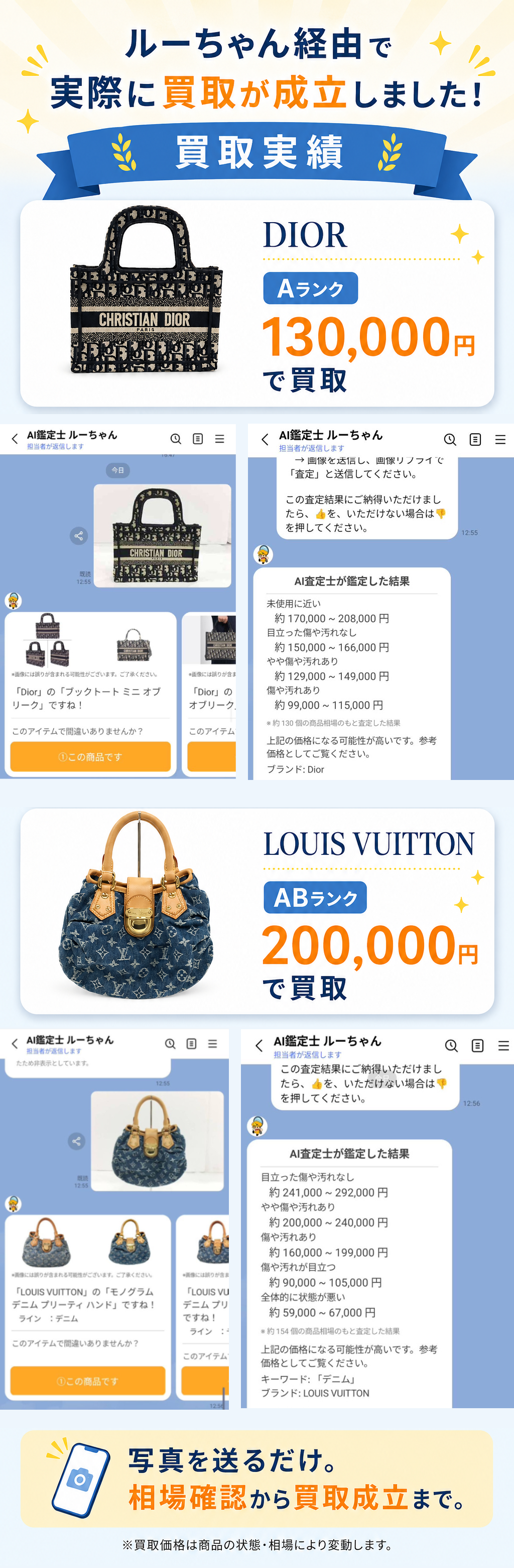 AI鑑定士ルーちゃんの買取実績。ディオールAランク13万円、ルイ・ヴィトンABランク20万円で買取